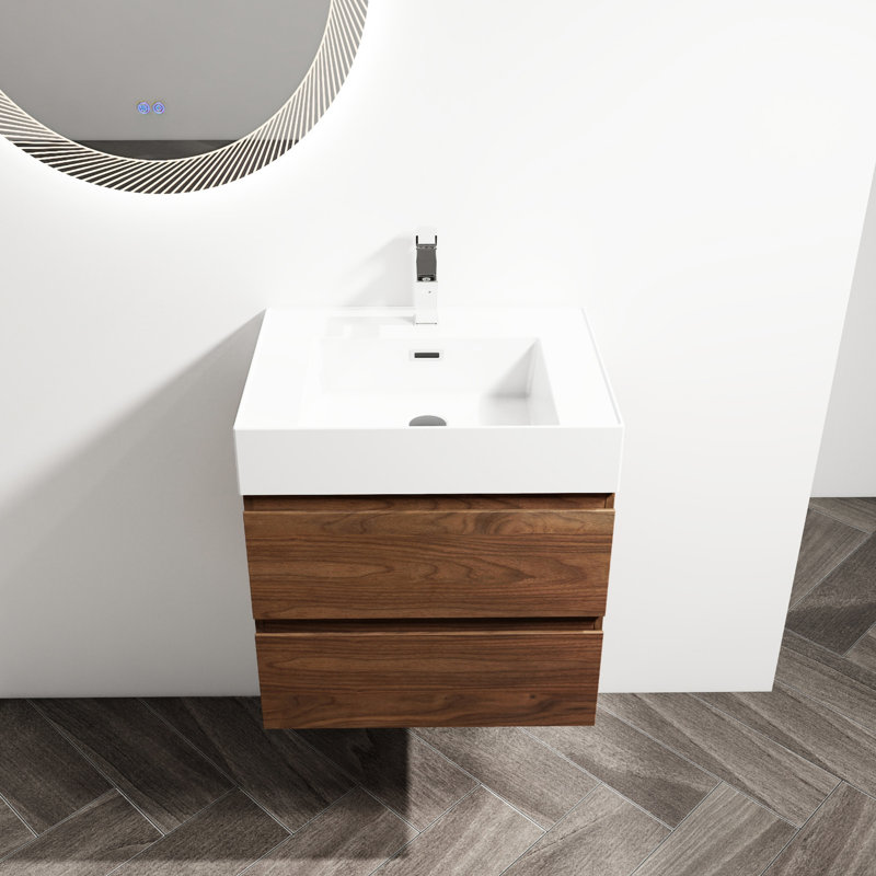 Meuble-lavabo 24 po avec lavabo en résine et 2 tiroirs à fermeture en douceur - attrayant fixé au mur, tiroirs à fermeture en douceur