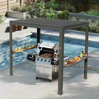 Pergola à persiennes de 8 pi x 5 pi pour barbecue extérieur, pergola à toit rigide avec gouttière intégrée et toit imperméable réglable, abri de jardin en métal pour terrasse de patio