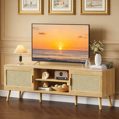 Meuble télé, meuble télé avec tablette réglable, console télé en rotin avec 2 armoires, console média, pieds en bois massif, 4 trous pour câbles, salon
