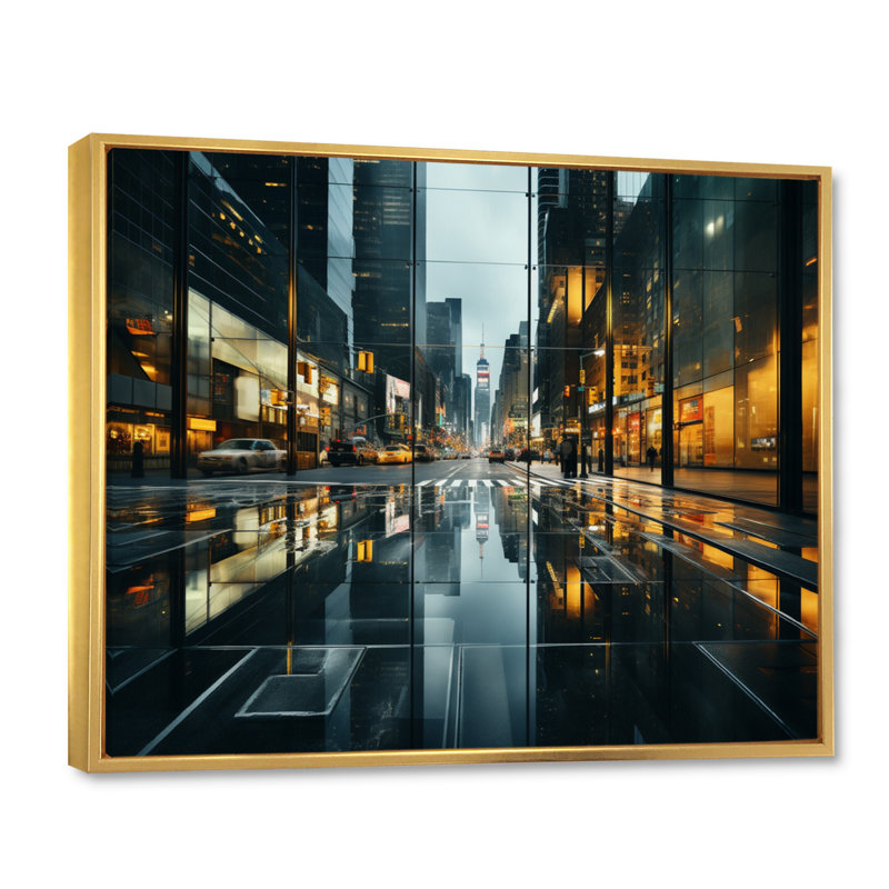 «Skyscrapers Urban Mirage Slate» sur toile, Cadre flottant doré, H 34 po x l 44 po x P 1,5 po