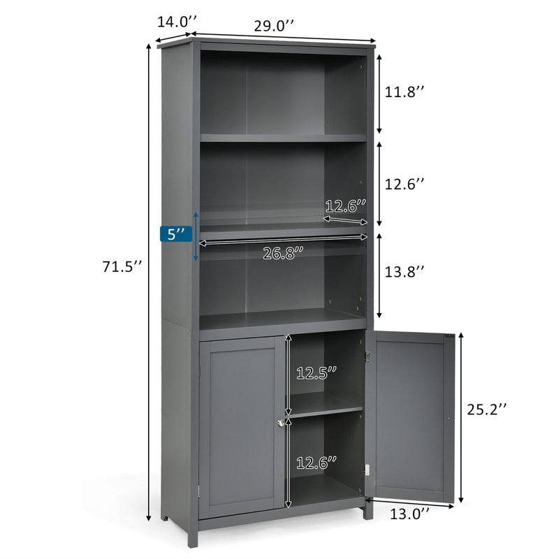 Standing Wooden Bookcase with 3 Tier Open Book Shelving and Double Doors, Gray