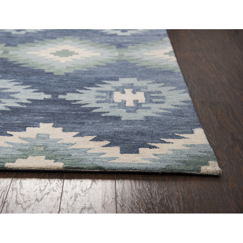 Doretta Geometric Handmade Tufted Wool Blue Area Rug, Runner 2'6" x 8'