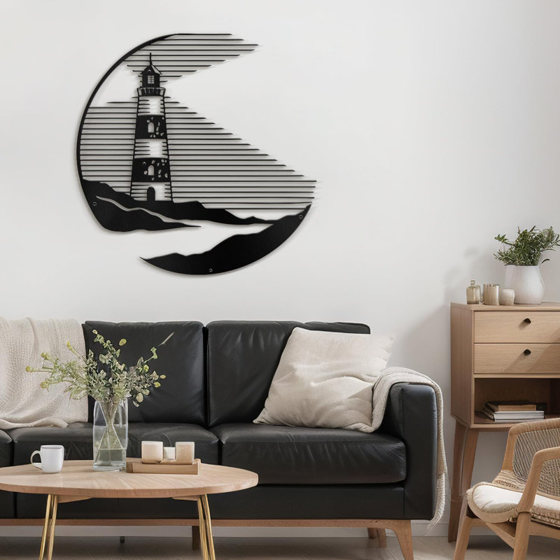 Décoration murale suspendue en métal phare minimaliste moderne abstrait, H 18 po x l 18 po x P 0,05 po, Noir