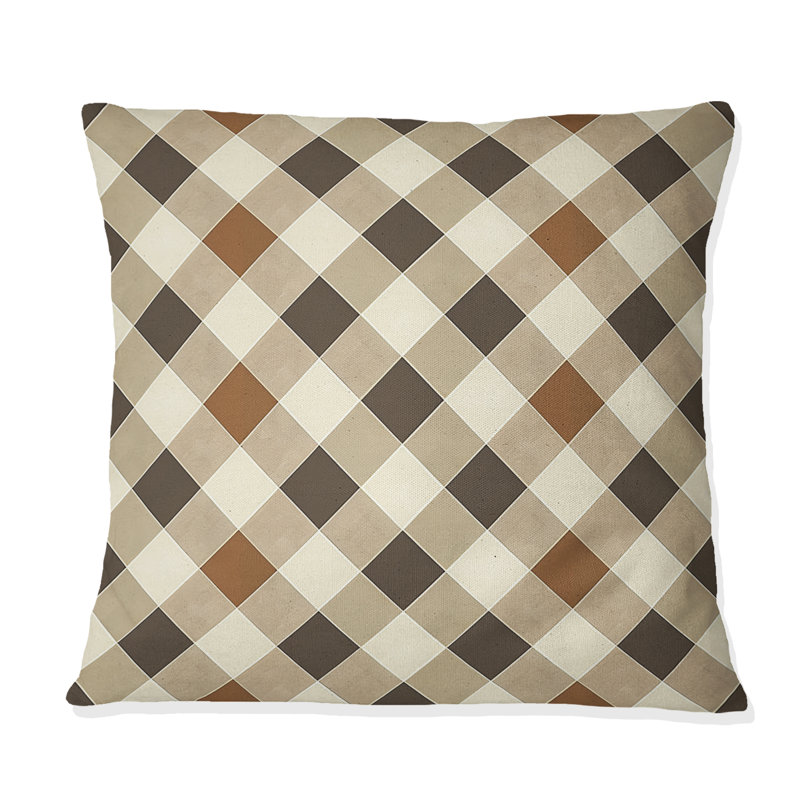 Coussin décoratif à motif vichy brun et beige I, H 16 po x l 16 po
