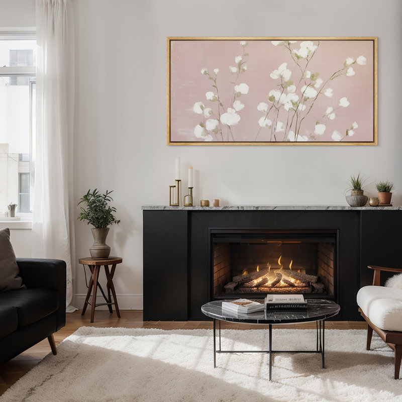 Soft Pink Floral Branches on Blush Background Botanical Wall Decor - Large Framed Canvas Master Bedroom Wall Art Print