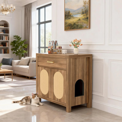 Meuble à litière multifonctionnel pour chat avec portes à griffes et tiroir de rangement