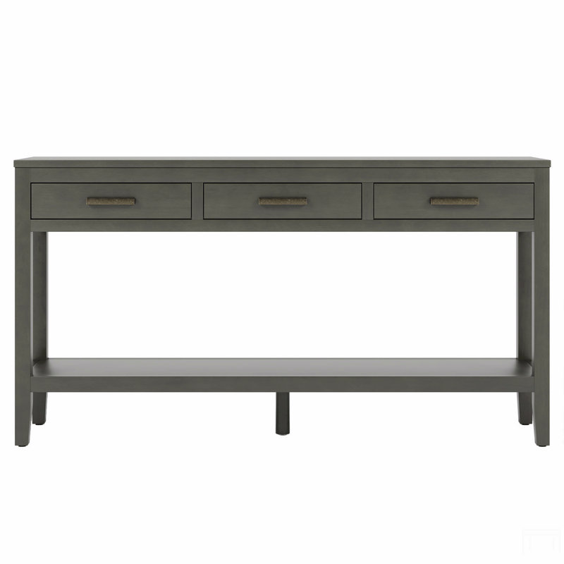 Farmhouse Entryway Table With 3 Drawers, Painted Console Table With Bottom Shelf & Iron Handles, Minimalist Sofa Table, Gray