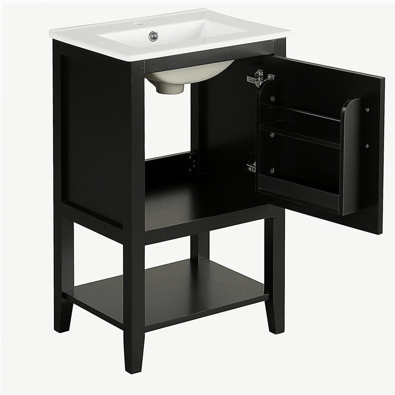 Meuble-lavabo de 20 po avec lavabo, armoire de salle de bain avec porte à fermeture douce, support de rangement et tablette ouverte, noir (ancien SKU: N725P220604B)