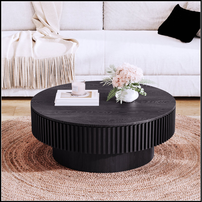 31.5'' Round Coffee Table with Storage, Solid Wood Veneer, Modern Accent for Living Room, Bedroom, and Office, Black