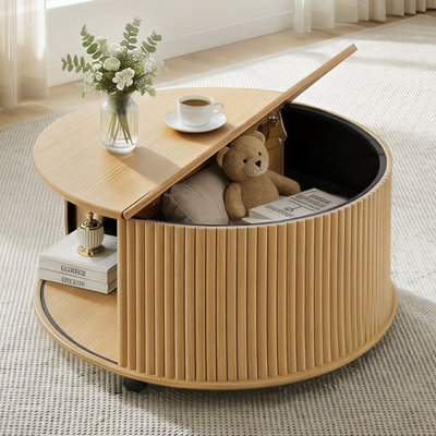 Modern Wood Circle Drum Table With Sliding Cabinet Door