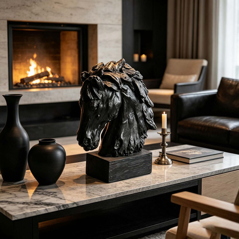 Sculpture décorative de tête de cheval en résine d'aspect bois rustique vintage avec socle en forme d'écurie