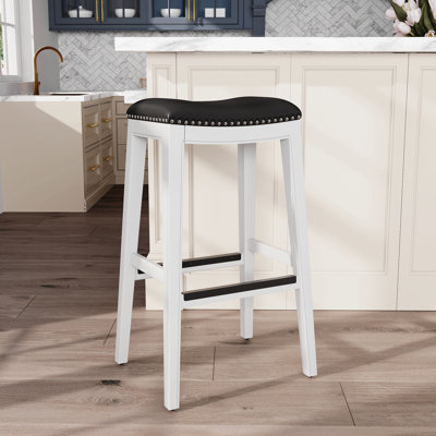 Tabouret 30 ", finition blanche, siège en cuir noir