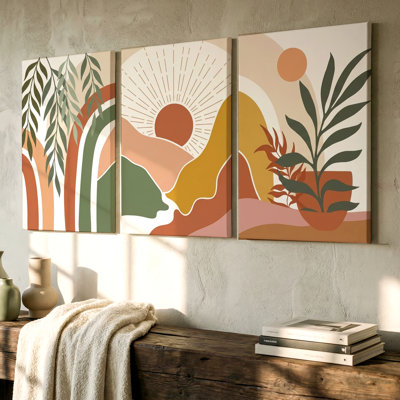 3 Pieces Abstract Nature Large Wall Art with Sunburst, Three Pieces Wall Art for Living Room, Bedroom, and Office Decor, Ready to Hang, Gallery Style