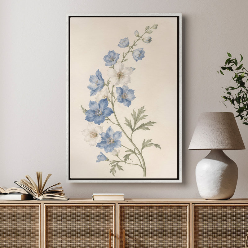 Art mural encadré sur toile - Branche florale bleue élégante sur fond neutre - 16 po x 24 po, 24 po x 36 po, Blanc