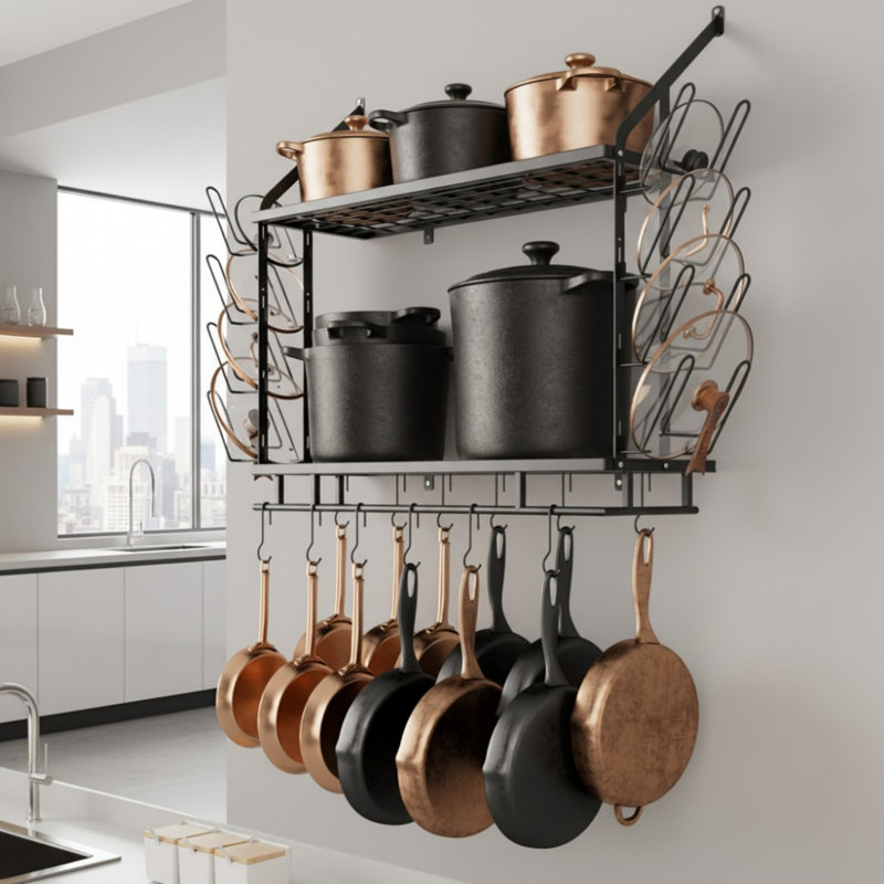 Wall Mounted Kitchen 2-Tier 30-Inch Pan Pot Rack With 8 Secure Lid Holders and 12 Sturdy Hooks