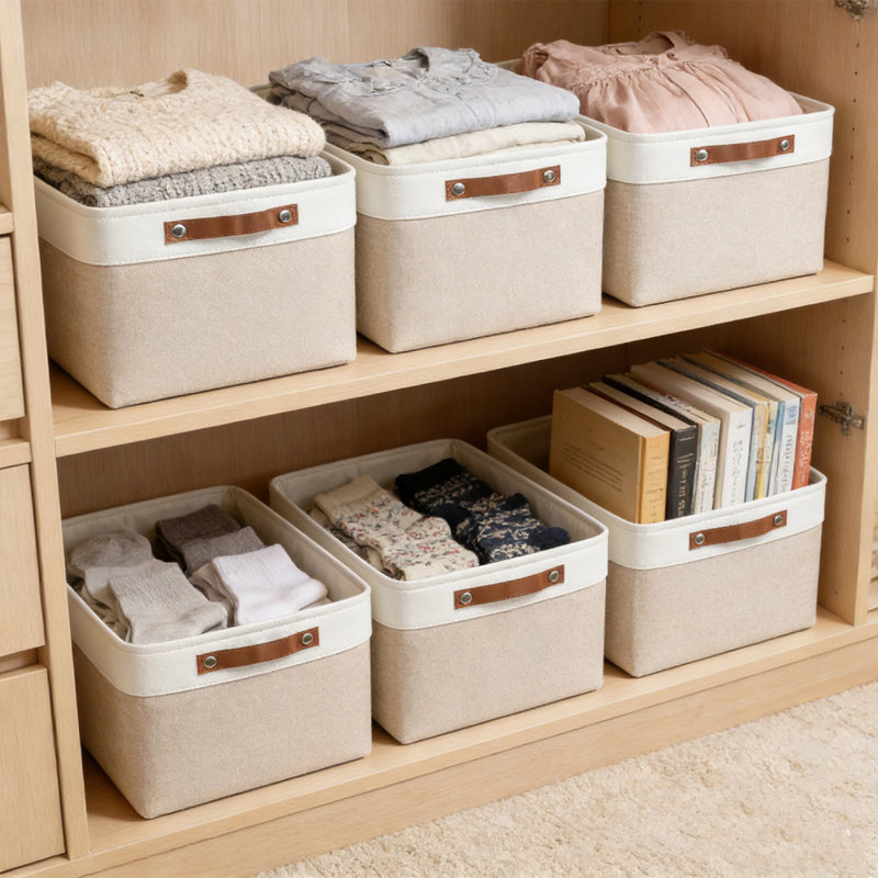 6Pack Closet Organizer Bins ,Storage Bins for Shelves, Foldable Closet Storage Boxes Baskets with Leather Handles for Organizing Clothes, Sheets, Jeans, Toys, Books