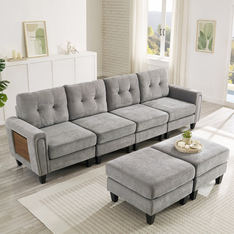 Fritz U-Shaped Chenille Sectional Sofa with Movable Ottomans & USB Ports, Gray Chenille