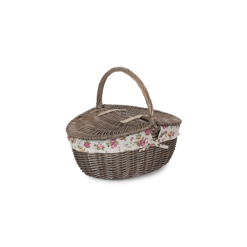Wicker Picnic Hamper Basket with Lining, Antique