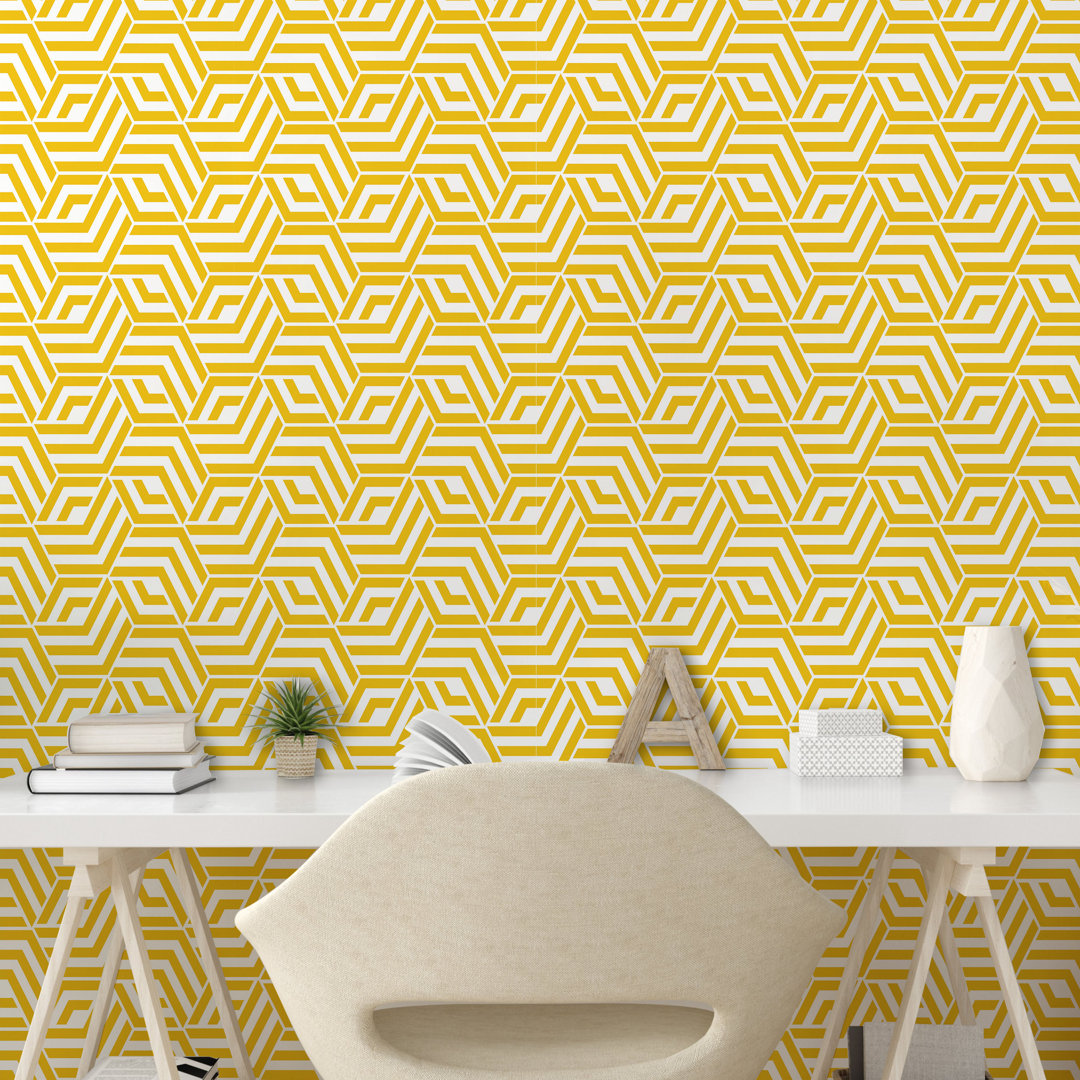 Abzieh- und Klebetapete, Hexagons Yellow Chevron, Gitter, Gelb und Weiß