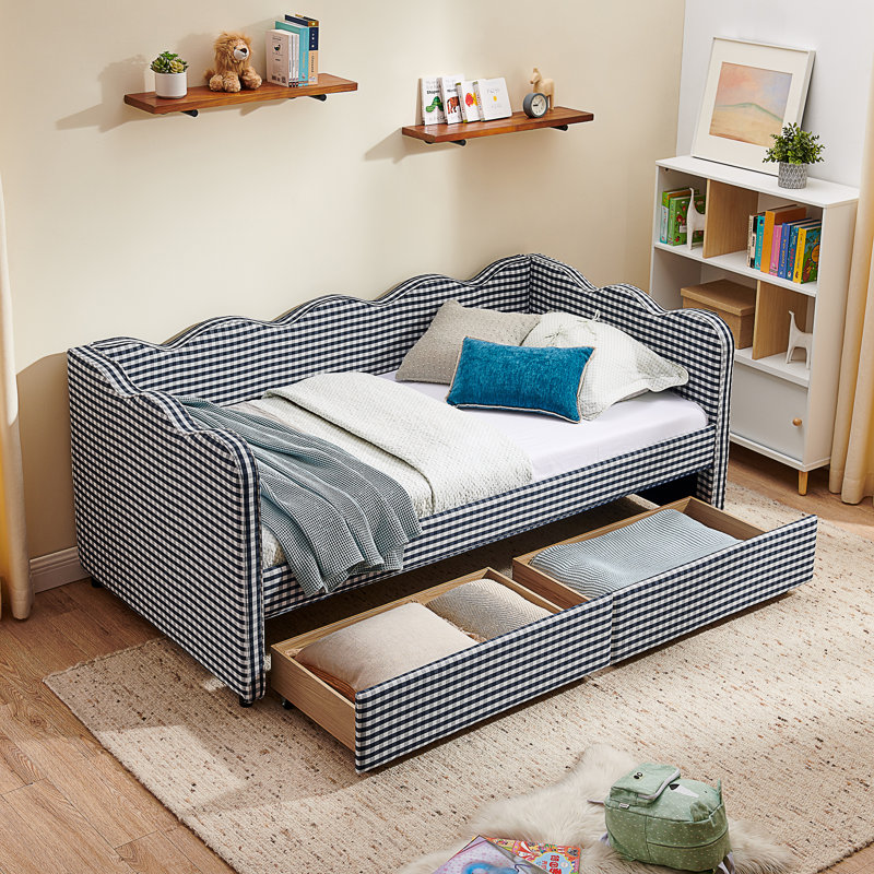 Cozy Gingham Daybed With Two Storage Drawers, Twin, Navy