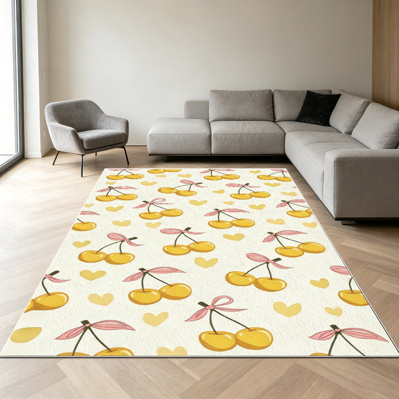 1PC Yellow Cherry & Pink Bow Print area rugs for Living Room, Soft and Comfortable, Suitable for all seasons, easy-to-maintain, machine washable Indoor floor mat, Under Table Farmhouse suitable for dining table, kitchen, bedroom, entryway, backyard