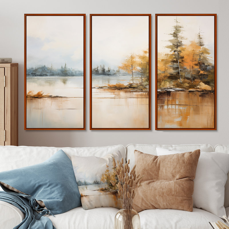 Minimalisme, lac, tranquillité, rivière, ensemble d'art mural, H 40 po x l 60 po x P 1 po, Cadre flottant brun