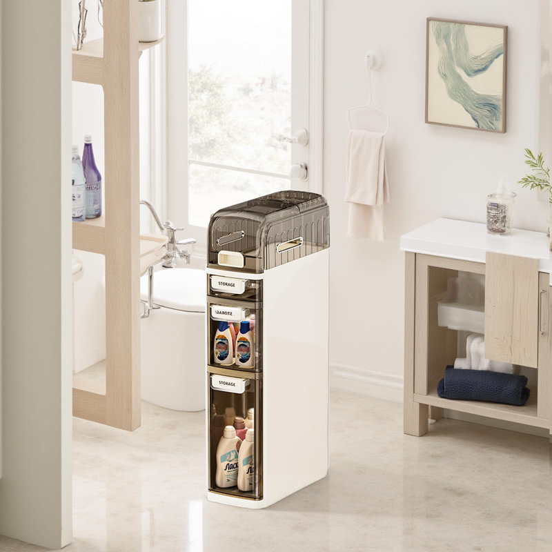 Slim Bathroom Floor Cabinet 4-layer, Narrow Storage Cabinet Plastic with Wheels and Shelves,Freestanding Compact Cupboard,For Living Room/Kitchen/Bathroom (White)