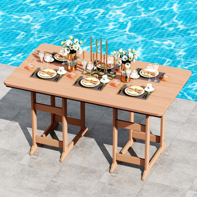 6-Seat Rectangular HDPE Patio Dining Table with Built-In Umbrella Cutout, All-Weather Weatherproof Outdoor Dinner Table with Simulated Wood Grain Finish