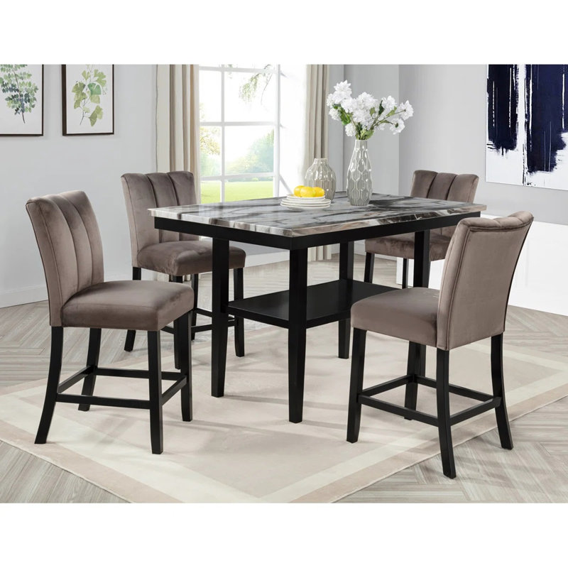 Table de salle à manger rectangulaire de 60 po à hauteur de comptoir pour la cuisine et la salle à manger, plateau en faux marbre marbré, base en bois d'ingénierie noir, tablette de rangement, 4 sièges, style moderne, finition brillante, assemblage simple