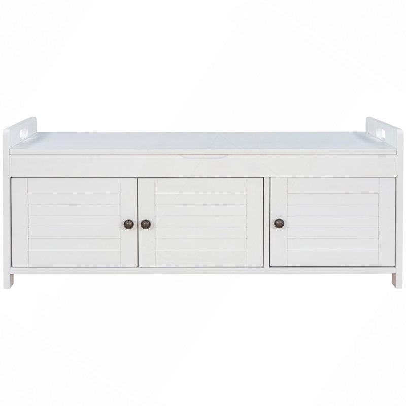Storage Bench With 3 Shutter-Shaped Doors, Shoe Bench With Removable Cushion And Hidden Storage Space, White
