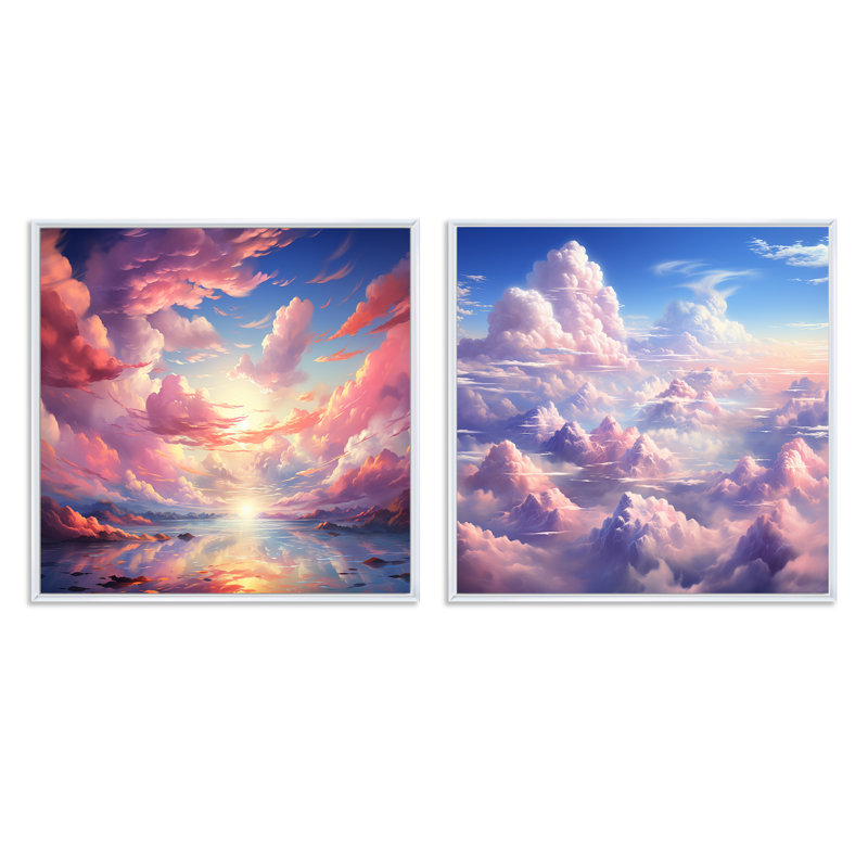 Kawaii Landscape Clouds - Clouds Square Collage, ensemble de 2, H 16 po x l 33 po, Cadre flottant blanc