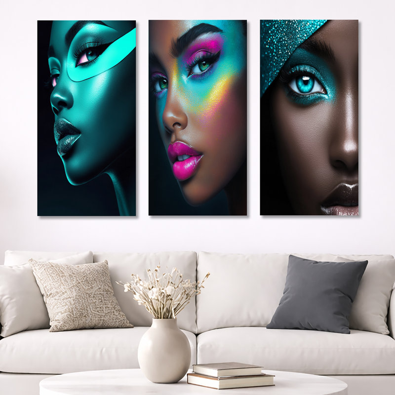 «Beautiful Afro American Woman», art mural encadré 3 pièces, 40" H x 60" W, Wrapped Canvas