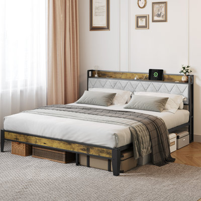 Modern Bed Frame with Charging Station and Upholstered Headboard
