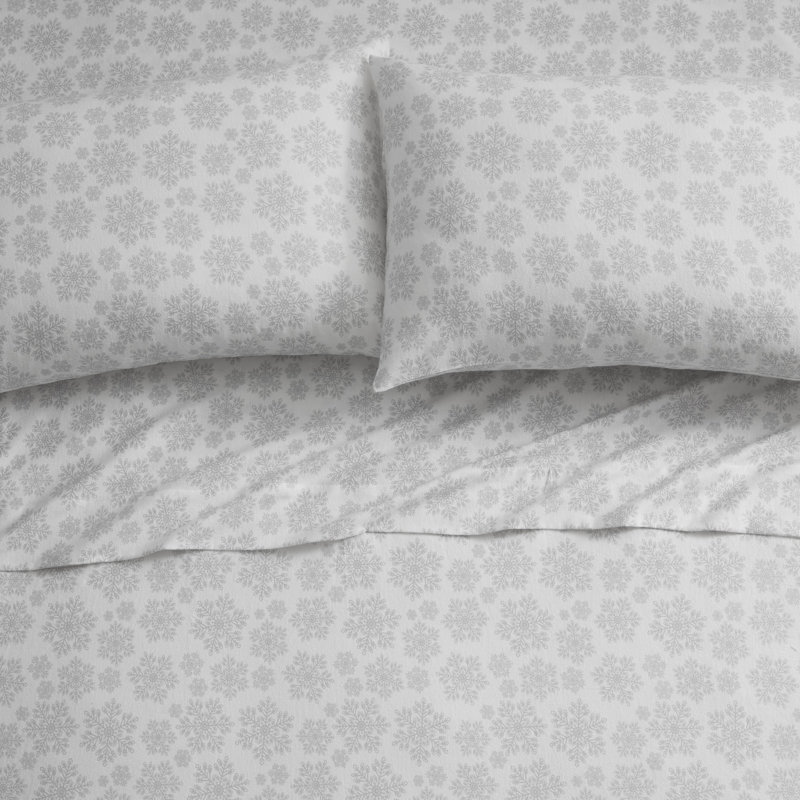 Ensemble de draps en flanelle de coton 4 pièces Snowflake, Argent, Ensemble de drap pour lit très grand avec drap-ho