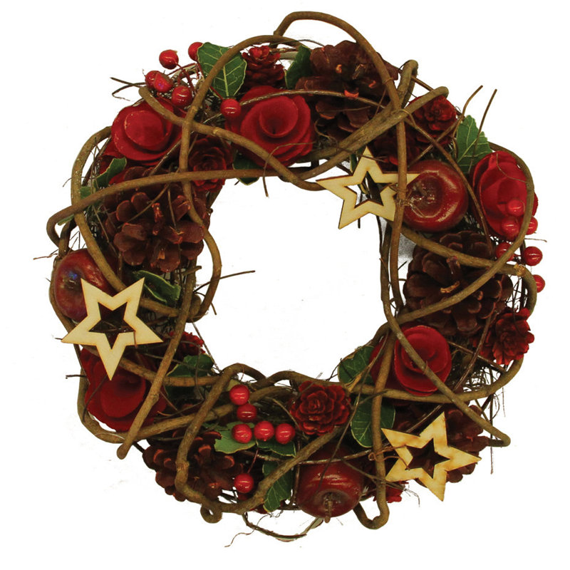 Couronne de Noël artificielle avec pommes et baies avec étoiles, H 13 po x l 13 po x P 3 po