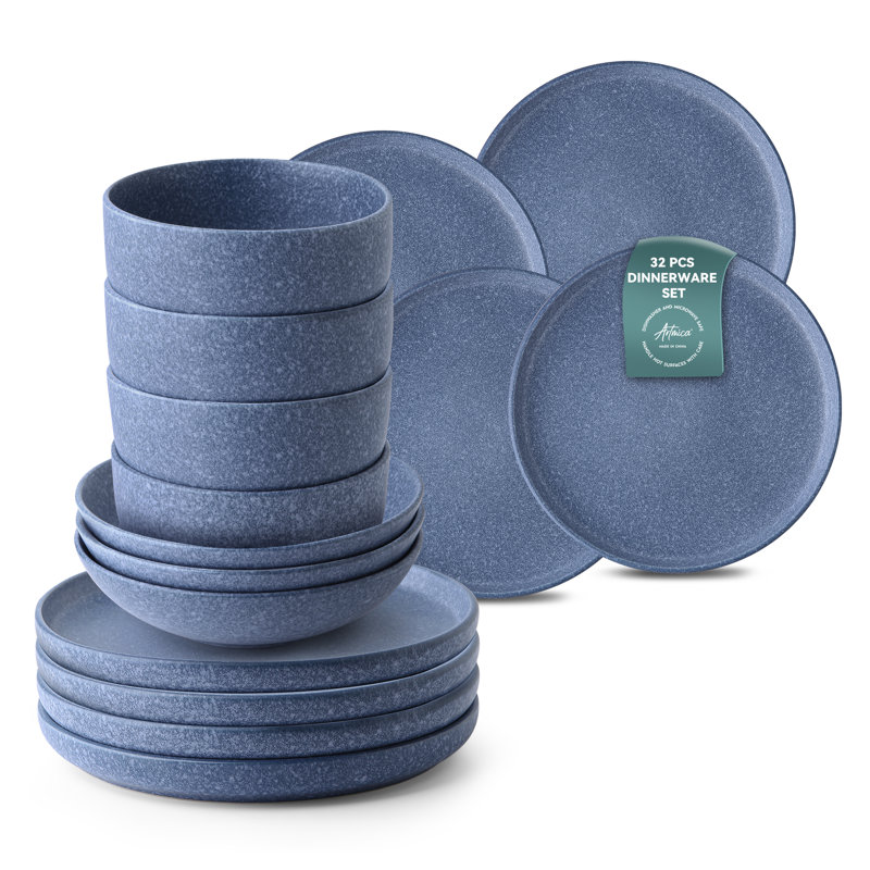 Service de vaisselle en grès Ozetta 32 pièces, glacis réactif moucheté indigo, service pour 8 (assiettes à dîner, assiettes à salade, bols à pâtes et bols à céréales inclus)