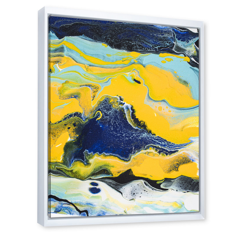 Composition abstraite de marbre jaune et bleu I - peinture sur toile, Cadre flottant blanc, H 32 po x l 24 po x P 1 po