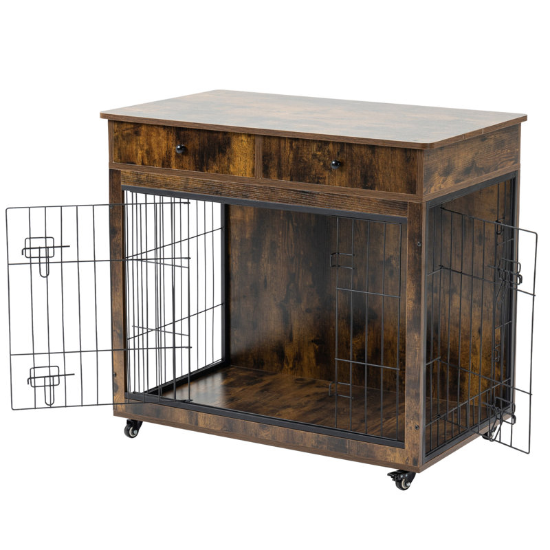 Caisse en bois pour chien avec tiroir, Petit (H 33 po x l 31,70 po x P 23,20 po), Brun
