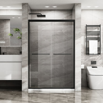 Double porte de douche coulissante en verre 48 po - 72 H, verre trempé, noir mat, outils en acier inoxydable coulissant en X, cadre noir, fibres