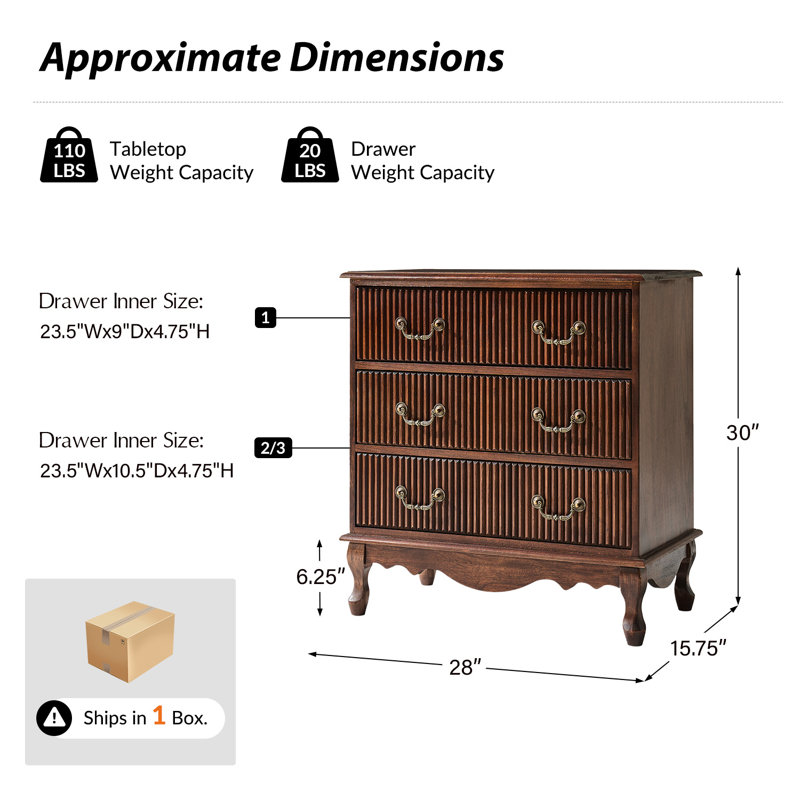 Commode cannelée en bois massif à 3 tiroirs de l 28 po Kaybri avec prise de courant intégrée et assemblage simple, Noyer