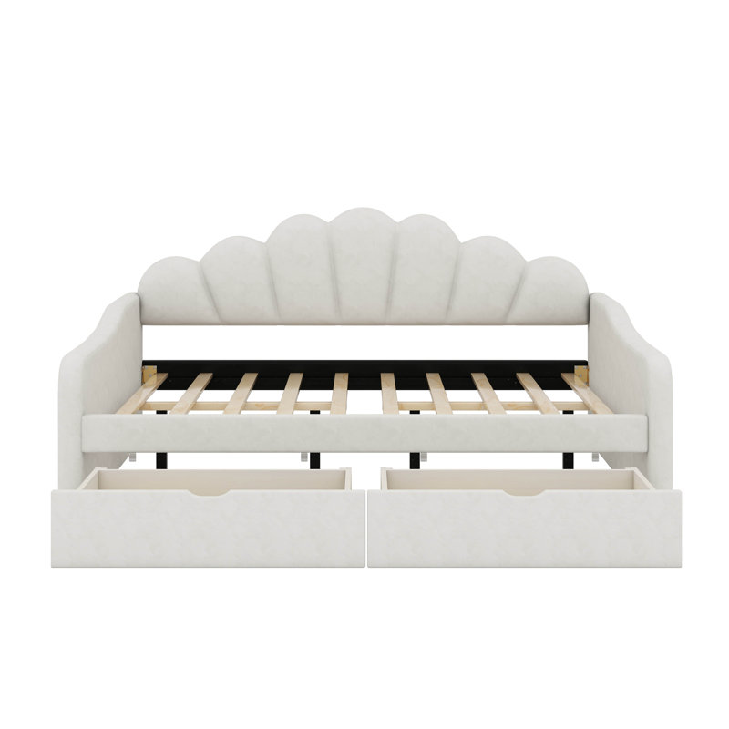 Structure de lit de jour double rembourrée avec dossier de forme basse et 2 tiroirs, Beige
