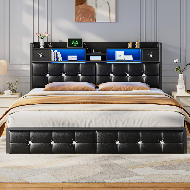 Lit tête de lit tapissier moderne avec tiroirs et tablettes de rangement, tête de chargement USB et éclairage d'ambiance personnalisable à DEL - double / grand / très grand