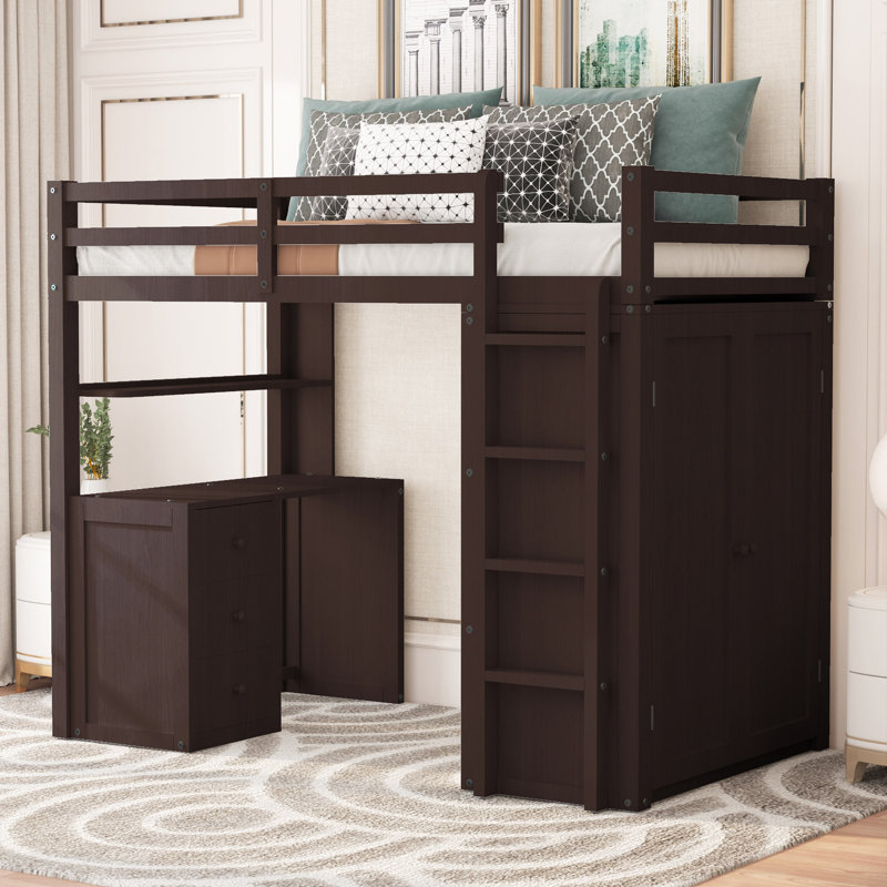 Gerrilyn Kids Twin Loft Bed with Drawers, Espresso
