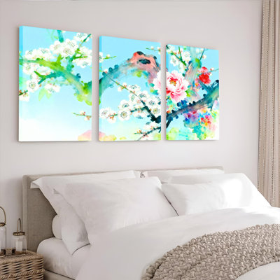 «Cherry Blossom Watercolor», reproduction d'art sur toile tendue sur toile, ensemble de 3