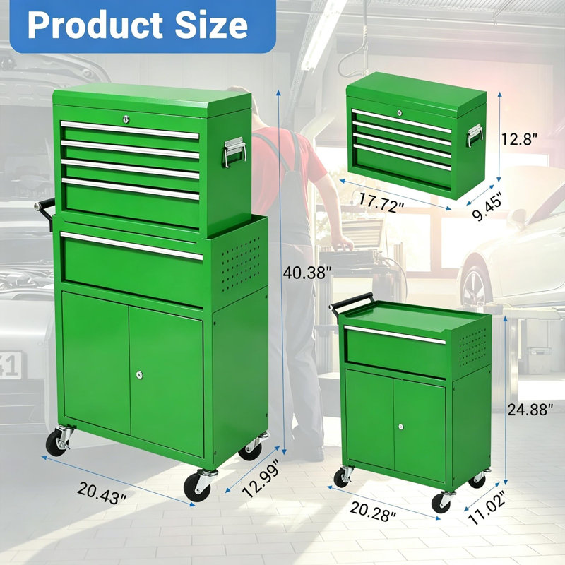 5 Drawer Rolling Tool Chest with Wheels, 2-in-1 Detachable Tool Box and Cabinet, Lockable Metal Storage Organizer, Mobile Toolbox for Garage Workshop Home, Green
