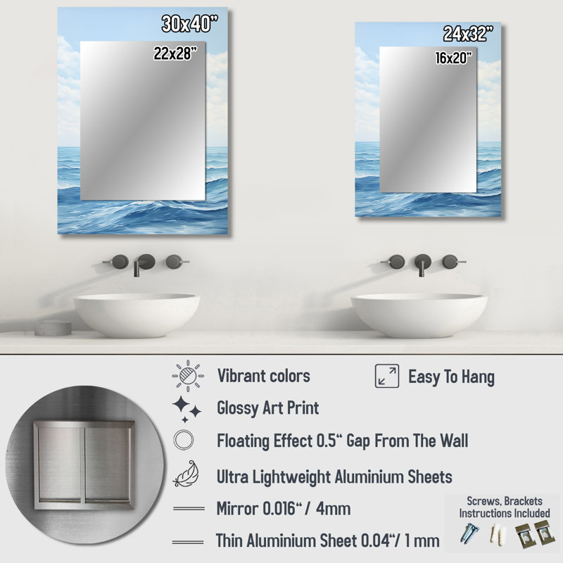 Oceans Infinity Dreamscape II - Minimalism Decorative Wall Mirror, Blue Mirror, Printed Metal Art, 40" x 30"