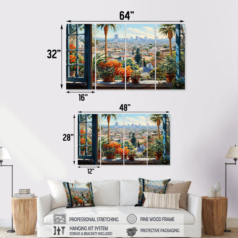 «Los Angeles Window View V - Los Angeles», art mural 4 pièces, H 32 po x l 64 po