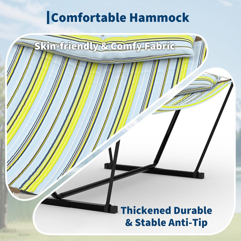 Hamac d'extérieur robuste pour 2 personnes avec support, hamac double portatif avec barre d'écartement en bois dur, oreiller et cordes