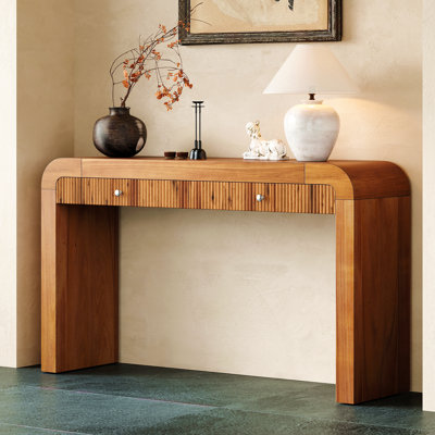 Console avec façade de tiroir cannelée, table d'entrée avec coins incurvés et pieds épais, table de canapé robuste
