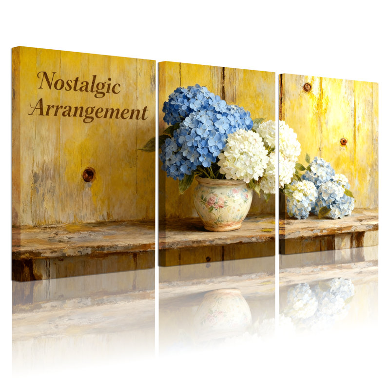 Hortensia, arrangement floral nostalgique, ensemble de 3 impressions sur toile, H 18 po x l 36 po